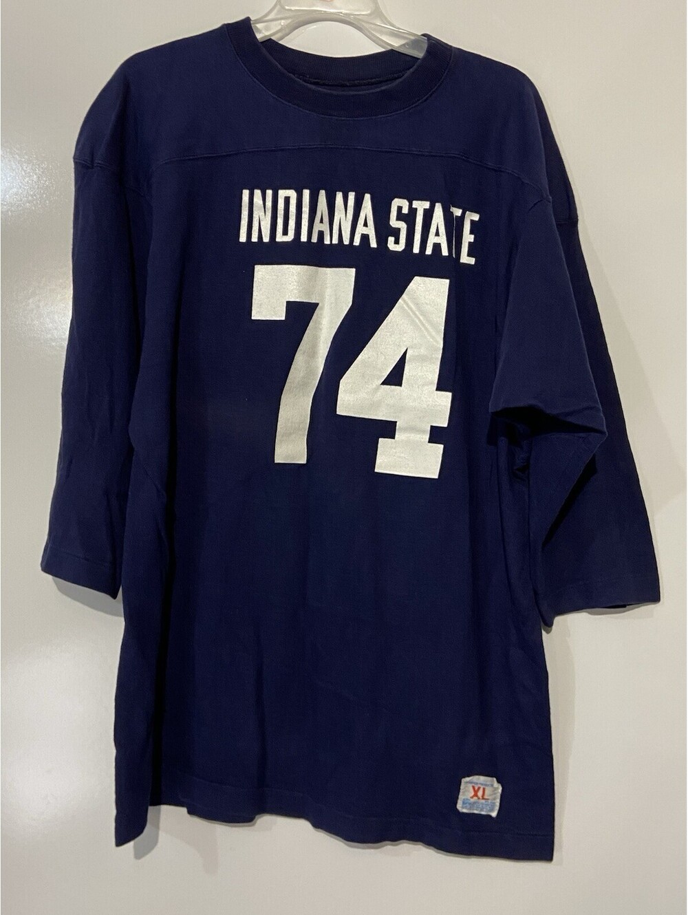 Mens CHAMPION Blue Vintage 70s #74 Indiana State 3/4 Sleeve Jersey Shirt Sz XL